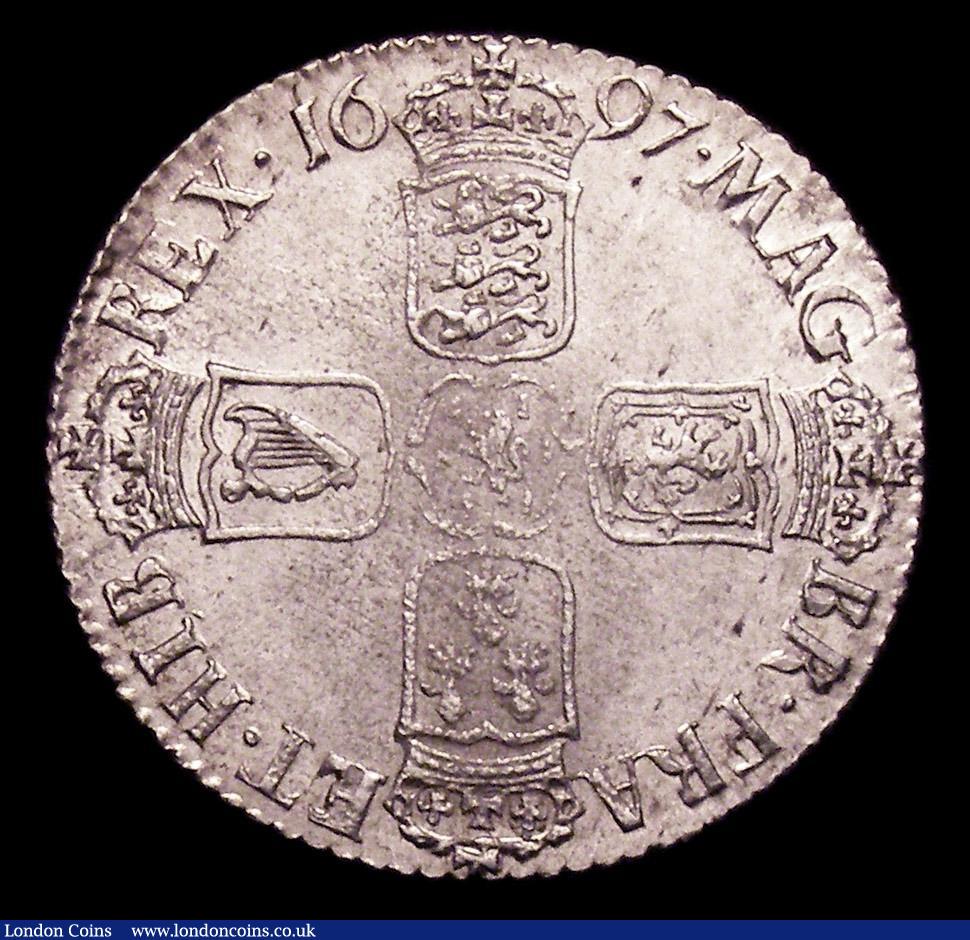 London Coins : A153 : Lot 2279 : Shilling 1697 Third Bust ESC 1102 UNC and lustrous with some adjustment lines