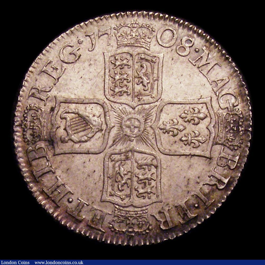 London Coins : A153 : Lot 2281 : Shilling 1708 Third Bust ESC 1147 UNC the obverse colourfully toned, the reverse with lustre