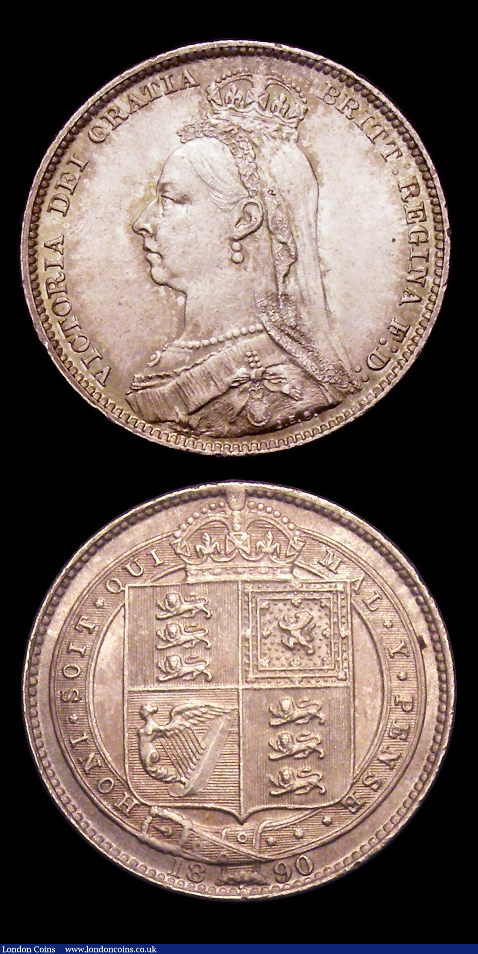 London Coins : A153 : Lot 2296 : Shillings (2) 1889 Large Jubilee Head ESC 1355 Davies 986 dies 2D UNC and lustrous with some contact...