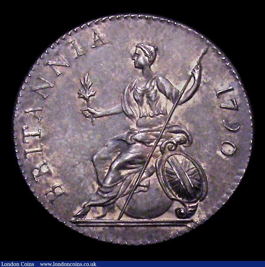 London Coins : A153 : Lot 2302 : Sixpence 1790 Pattern by Droz ESC 1646 Seated Britannia with date in legend, edge milled, UNC toned,...