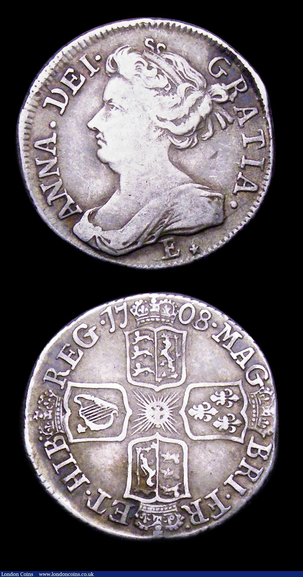 London Coins : A153 : Lot 2308 : Sixpences (2) 1703 VIGO ESC 1582 Fine, 1708 Edinburgh bust E* below ESC 1593B Near Fine/Fine