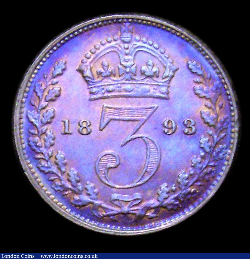 London Coins : A153 : Lot 2336 : Threepence 1893 Jubilee Head ESC 2103 EF/GEF the obverse with some hairlines and an olive tone, the ...