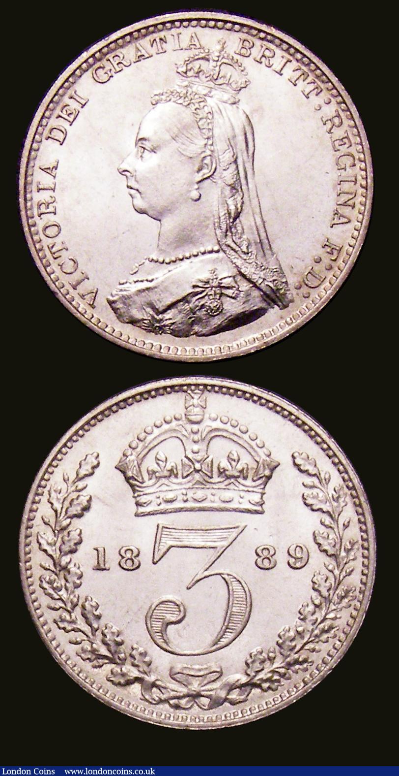 London Coins : A153 : Lot 2337 : Threepences (2) 1889 ESC 2099 Lustrous UNC and choice, 1891 ESC 2101 Lustrous UNC with a hint of ton...