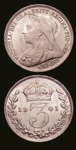 London Coins : A153 : Lot 2338 : Threepences (2) 1890 ESC 2100 UNC with lustre, 1901 ESC 2113 UNC with a few small rim nicks