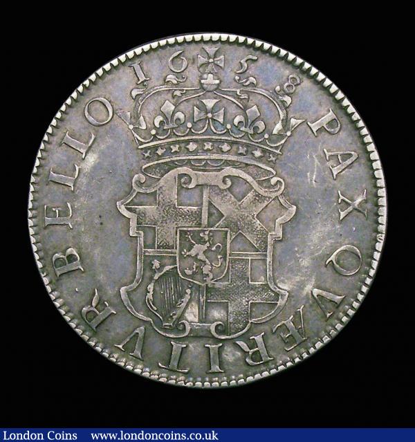 Crown 1658 8 over 7 Cromwell ESC 10 About VF, the die flaw at a very early stage and barely visible on the drapery  : English Coins : Auction 153 : Lot 2447