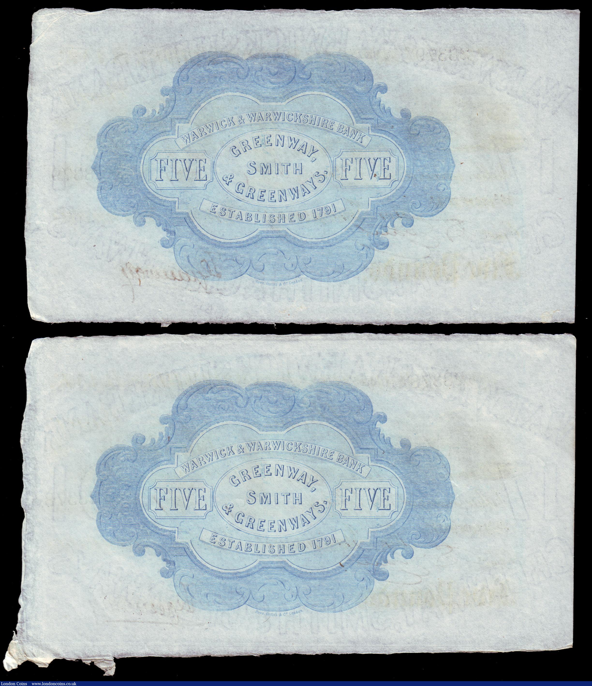 London Coins : A153 : Lot 254 : Warwick, Warwick & Warwickshire Bank &pound;5 (2) dated 1887 series No.W28378 & W28379 for G...