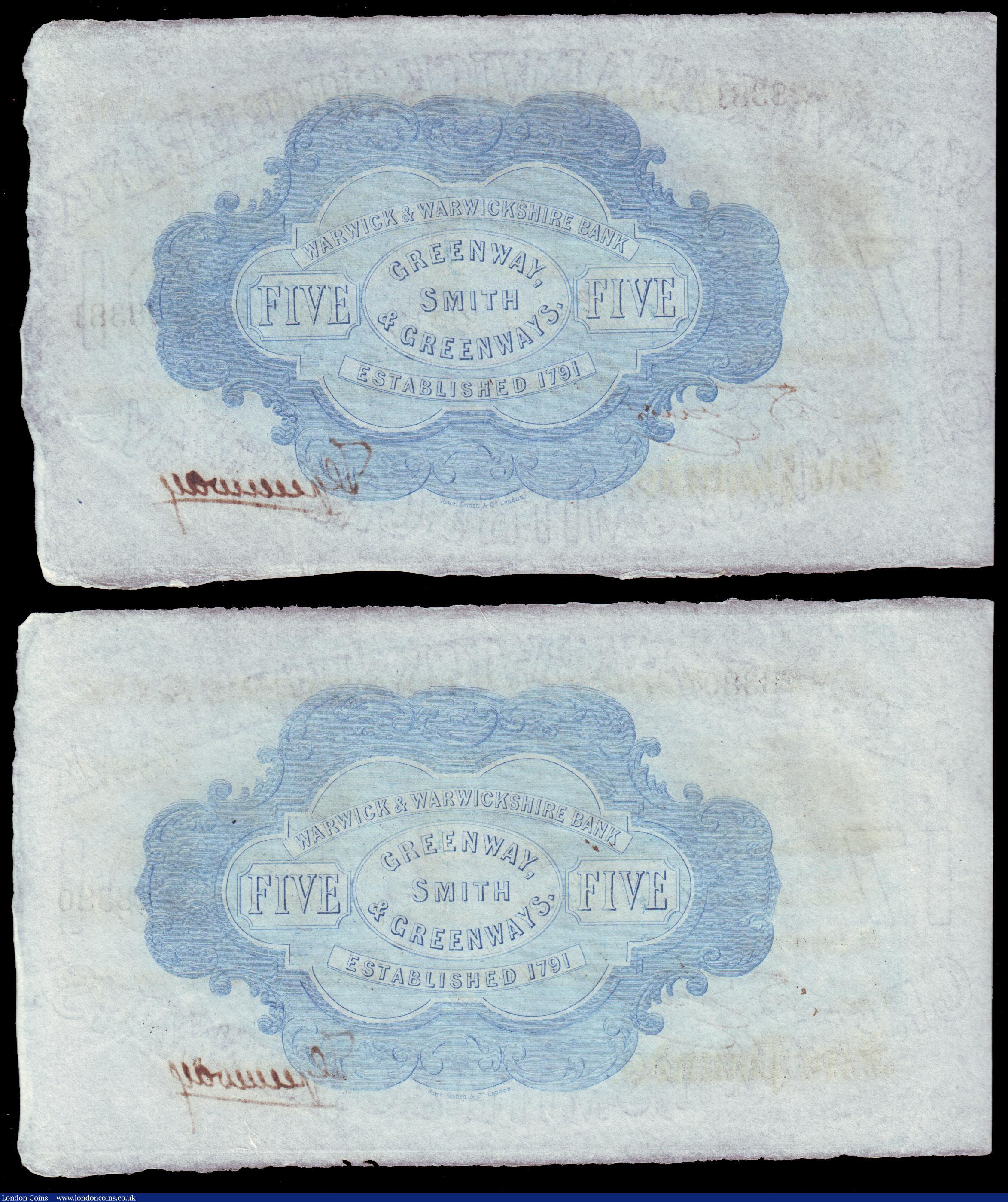 London Coins : A153 : Lot 255 : Warwick, Warwick & Warwickshire Bank &pound;5 (2) dated 1887 series No.W28380 & W28381 for G...
