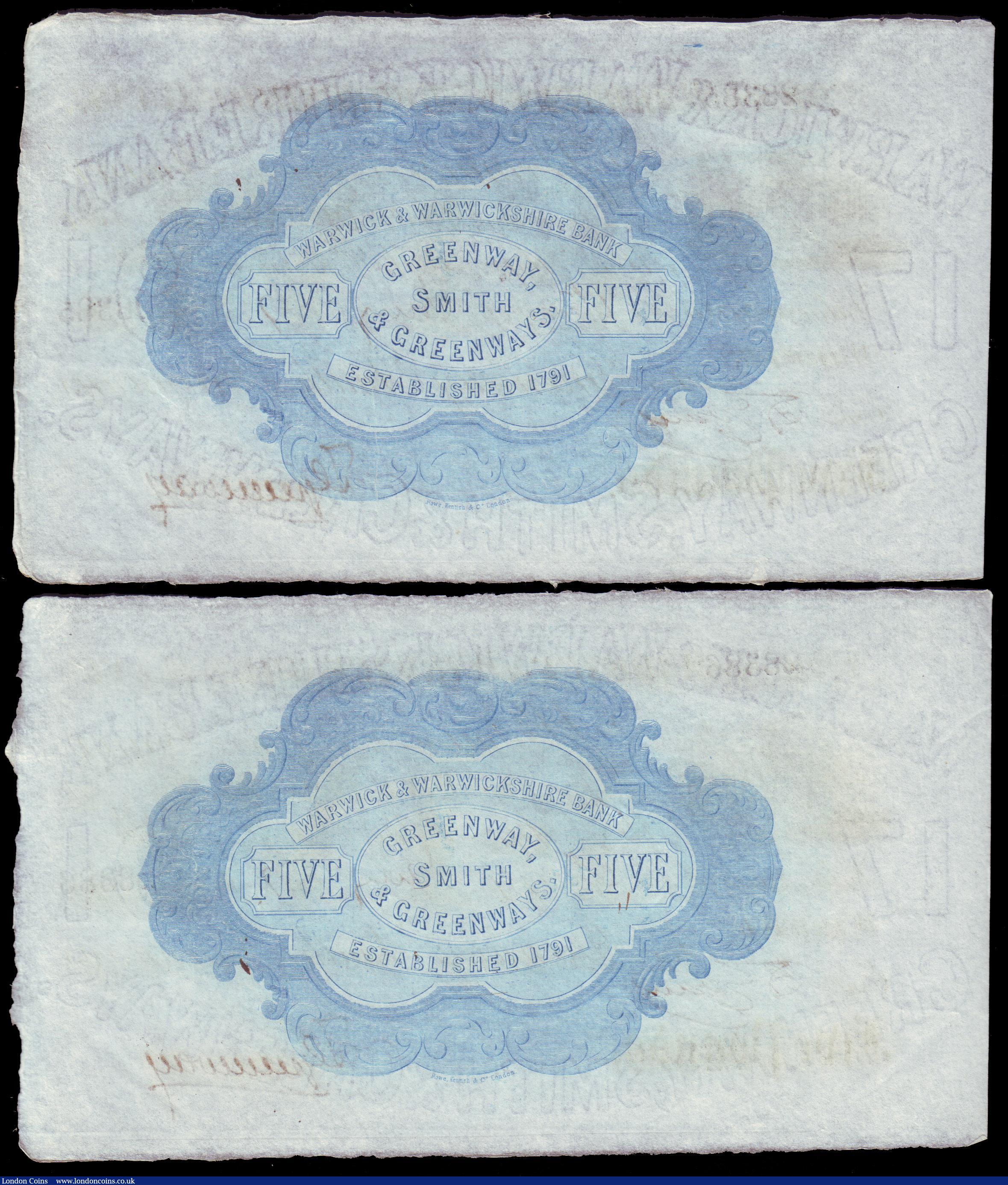 London Coins : A153 : Lot 256 : Warwick, Warwick & Warwickshire Bank &pound;5 (2) dated 1887 series No.W28385 & W28386 for G...
