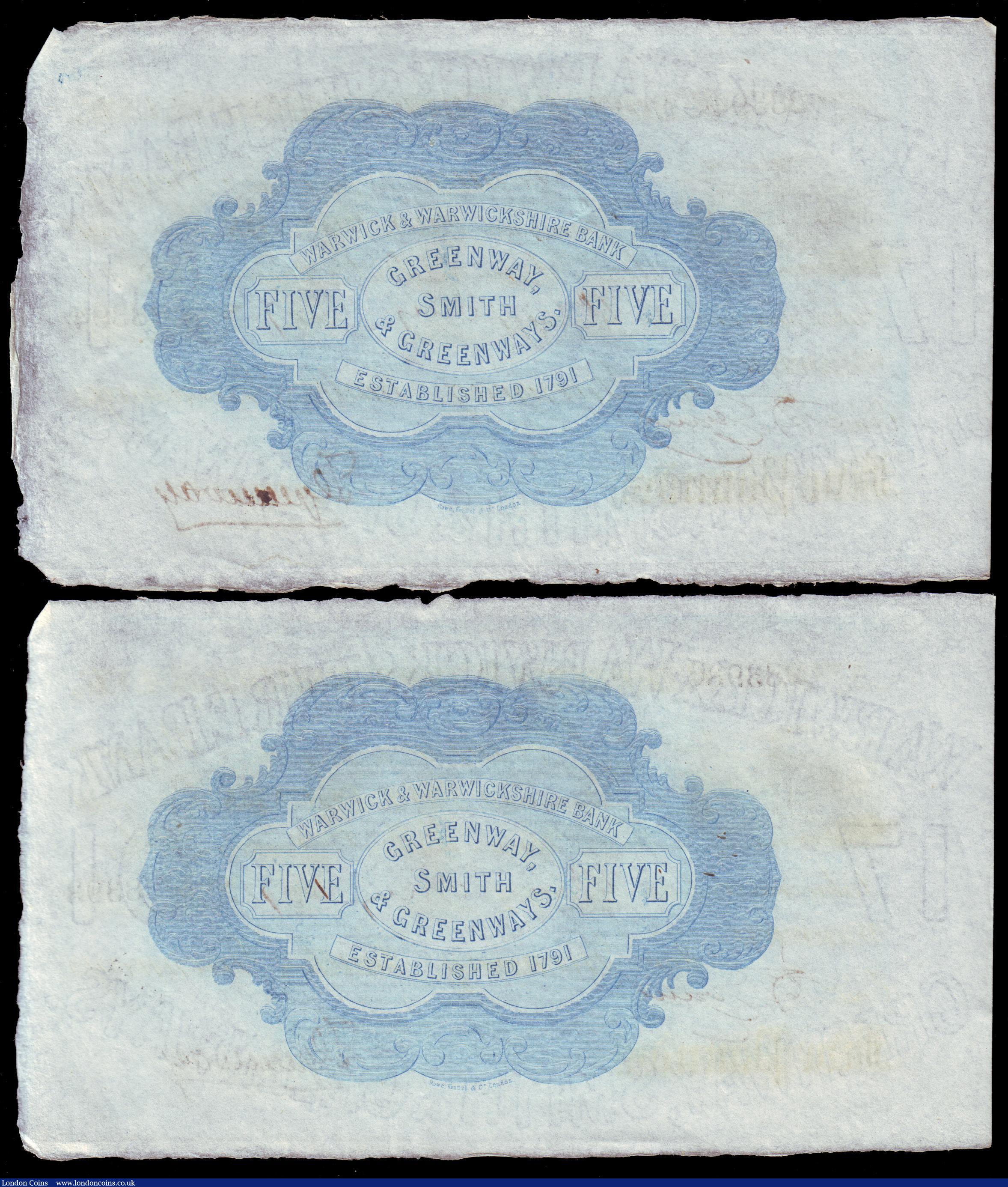 London Coins : A153 : Lot 257 : Warwick, Warwick & Warwickshire Bank &pound;5 (2) dated 1887 series No.W28393 & W28394 for G...