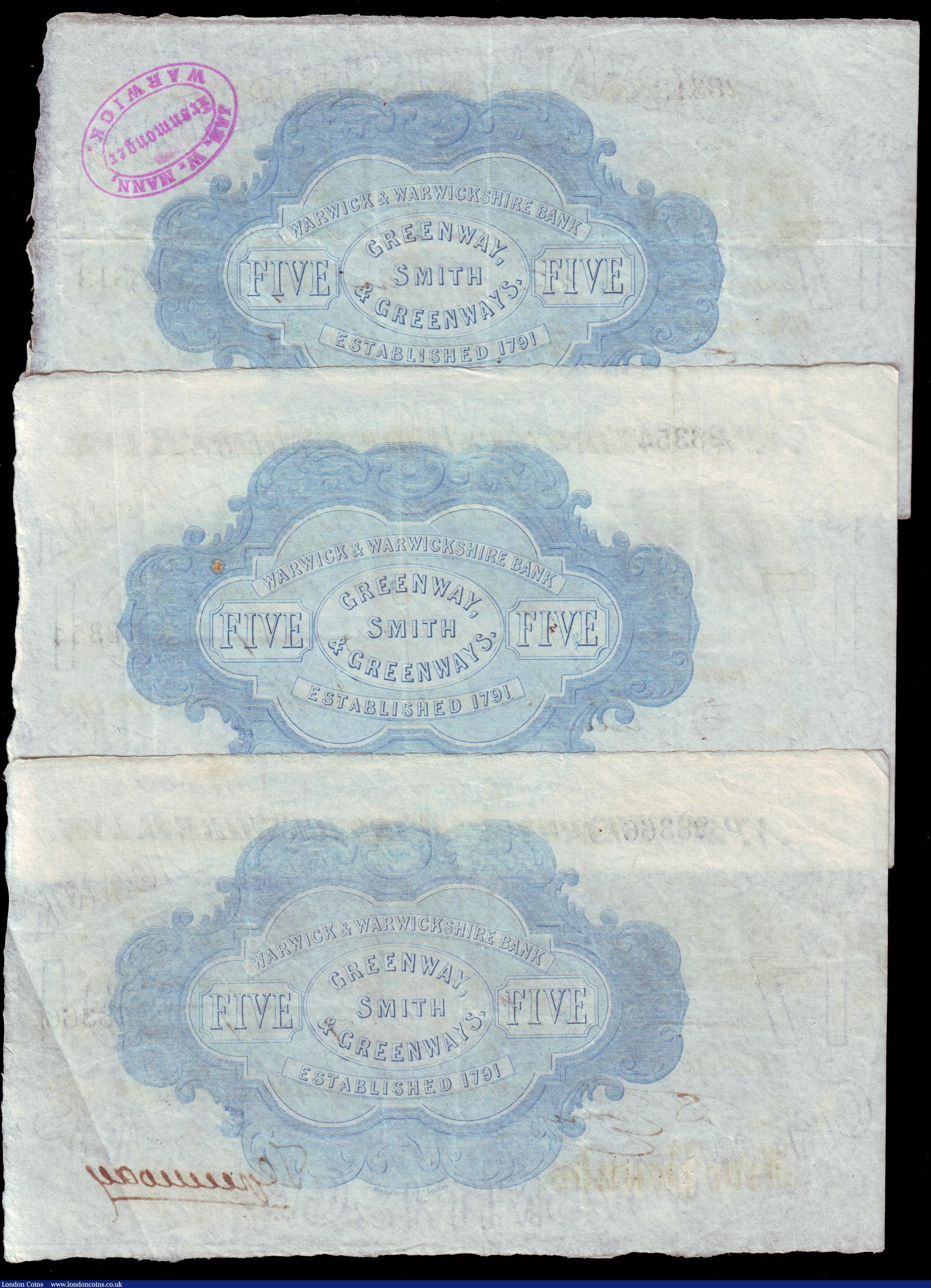 London Coins : A153 : Lot 258 : Warwick, Warwick & Warwickshire Bank &pound;5 (3) dated 1887 series No.W28313, W28354 & W283...