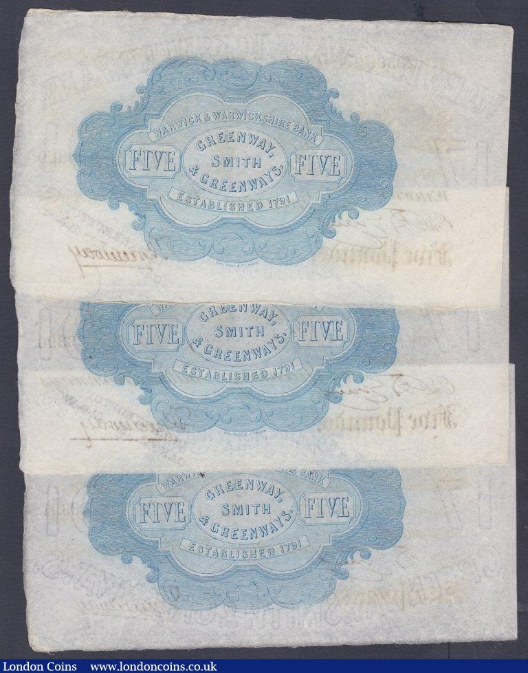 London Coins : A153 : Lot 259 : Warwick, Warwick & Warwickshire Bank &pound;5 (3) dated 1887 series No.W28389, W28390 & W283...