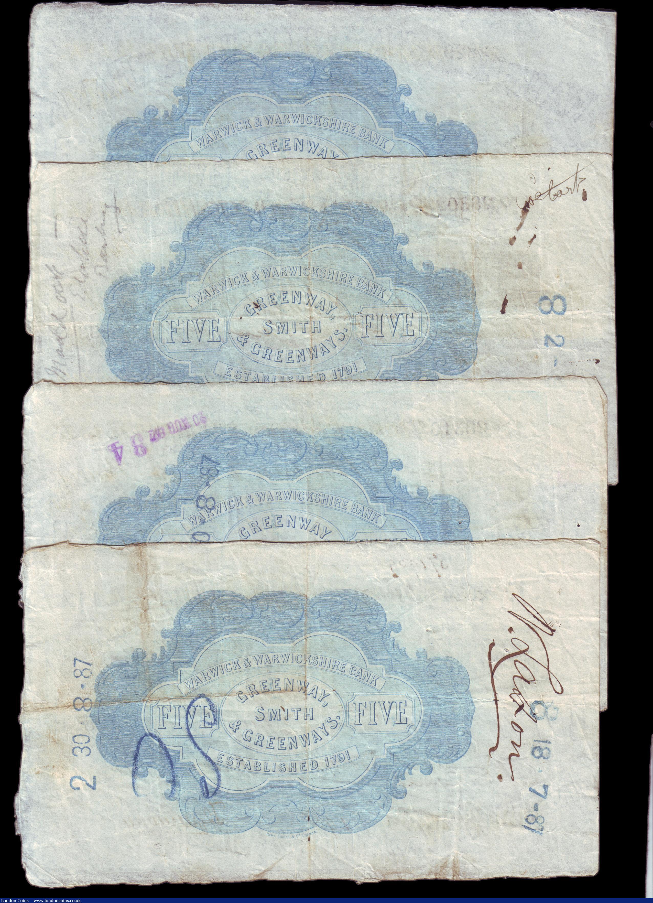 London Coins : A153 : Lot 260 : Warwick, Warwick & Warwickshire Bank &pound;5 (4) dated 1887 for Greenway, Smith & Greenways...