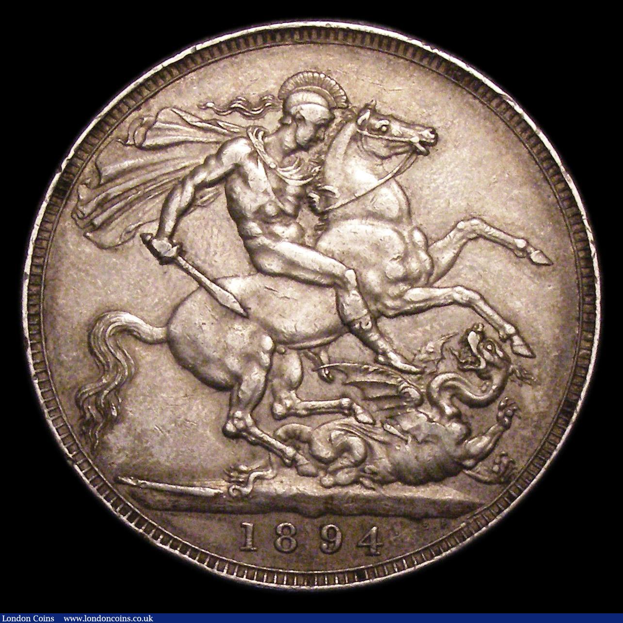 London Coins : A153 : Lot 2625 : Crown 1894 LVII Obverse 1 Reverse C, B.S.C. 507 GVF toned, Rare, Ex-Peter Davies collection 