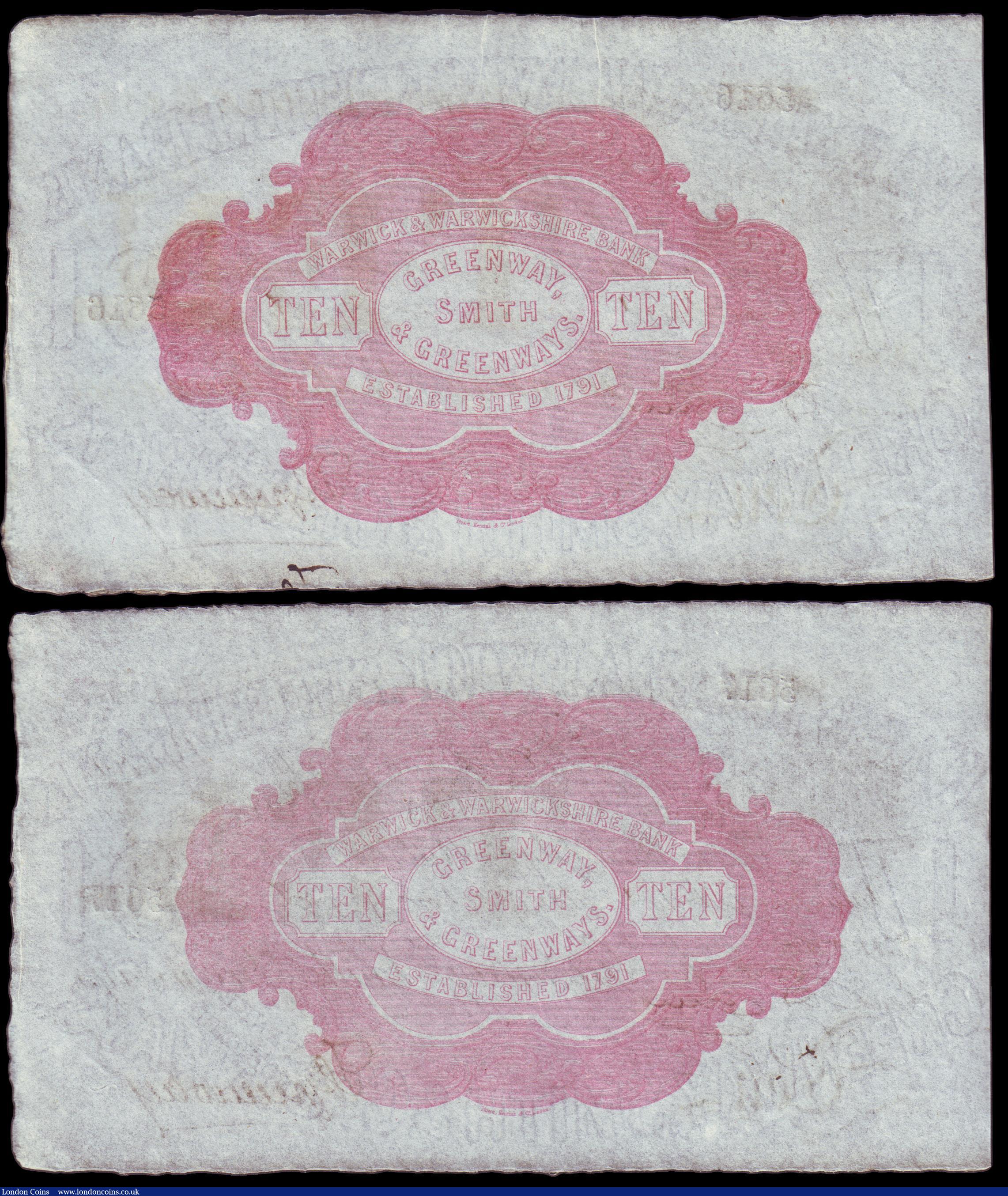 London Coins : A153 : Lot 267 : Warwick, Warwick & Warwickshire Bank &pound;10 (2) dated 1886 series No.W5616 & W5617 for Gr...
