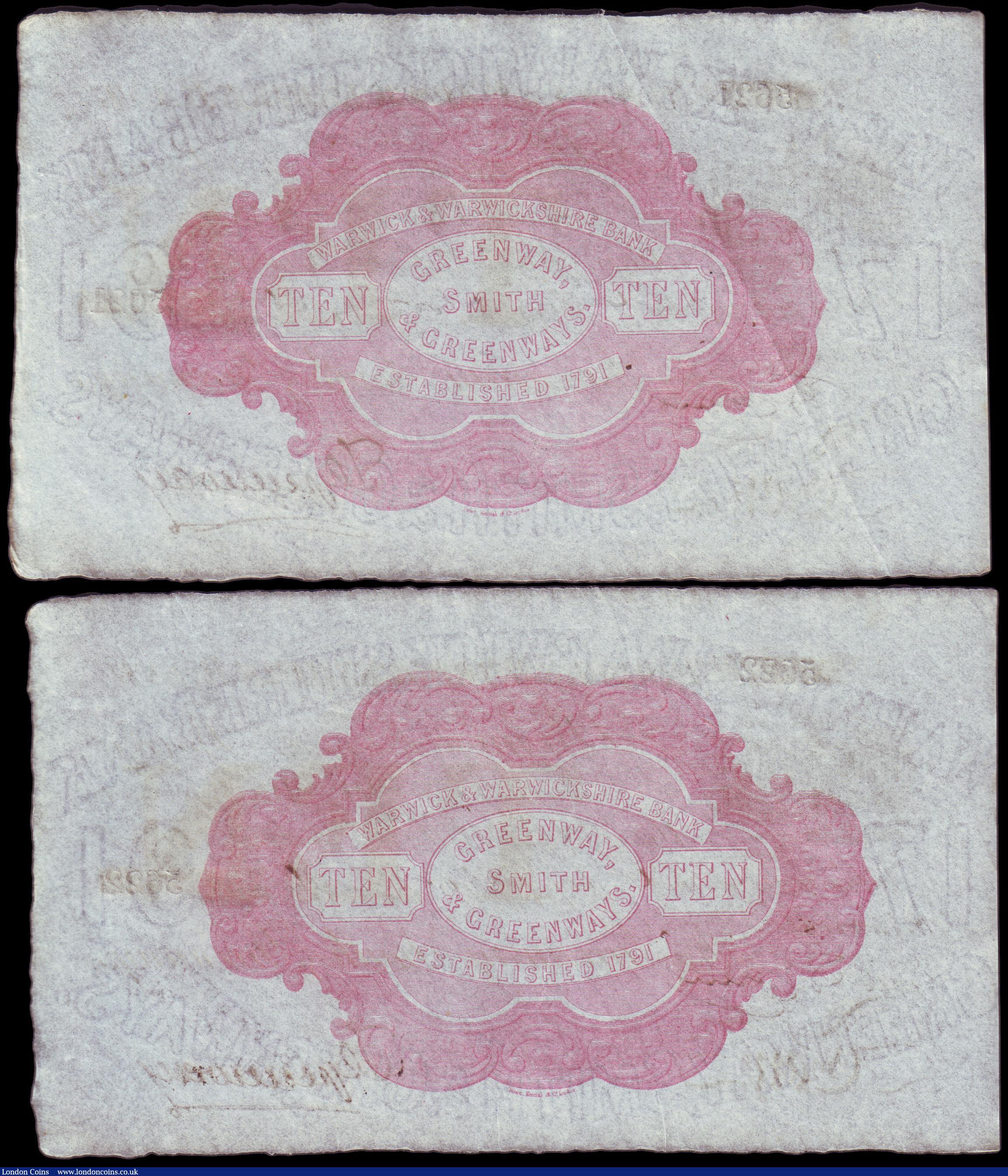 London Coins : A153 : Lot 268 : Warwick, Warwick & Warwickshire Bank &pound;10 (2) dated 1886 series No.W5621 & W5622 for Gr...