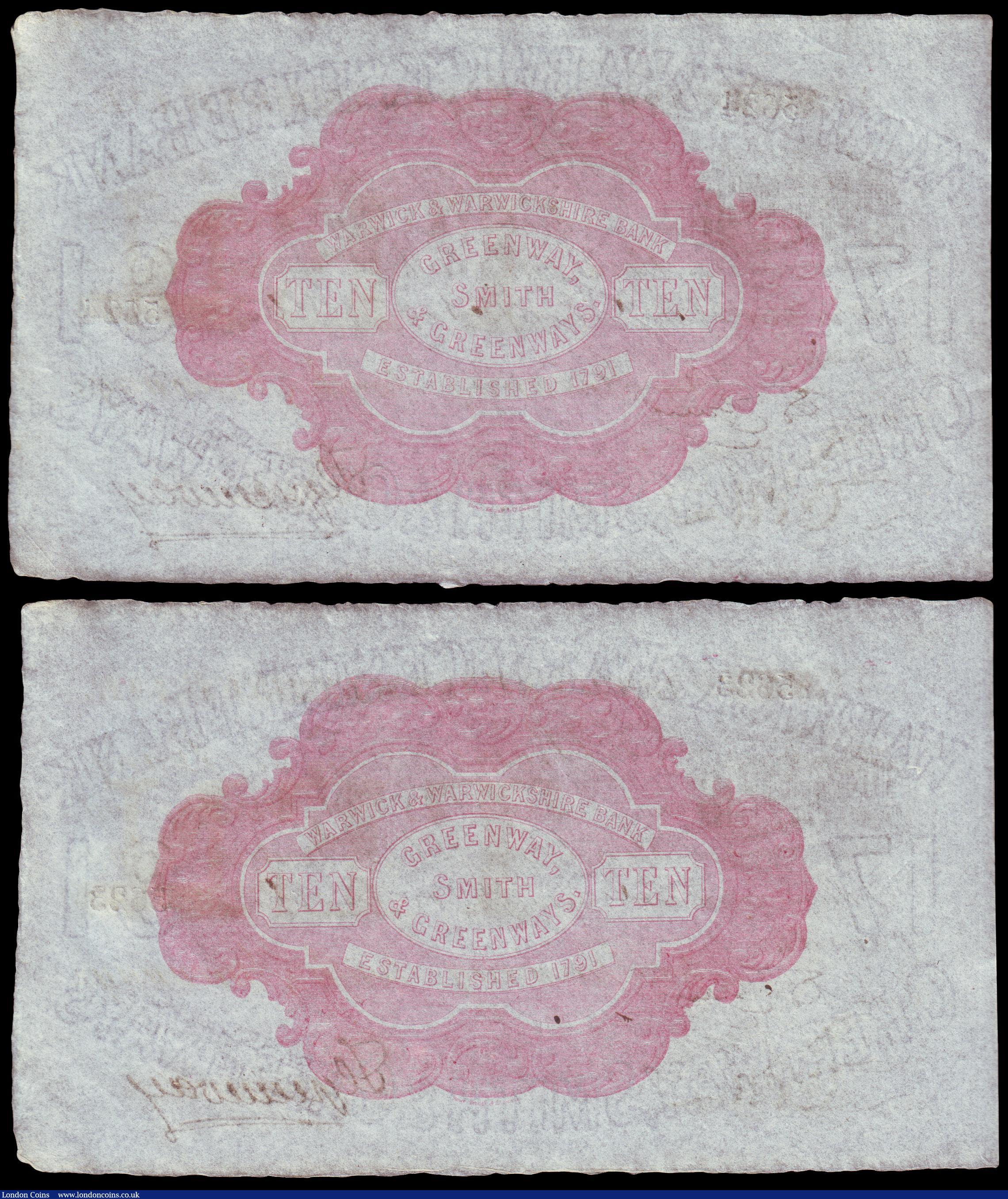 London Coins : A153 : Lot 269 : Warwick, Warwick & Warwickshire Bank &pound;10 (2) dated 1886 series No.W5623 & W5624 for Gr...