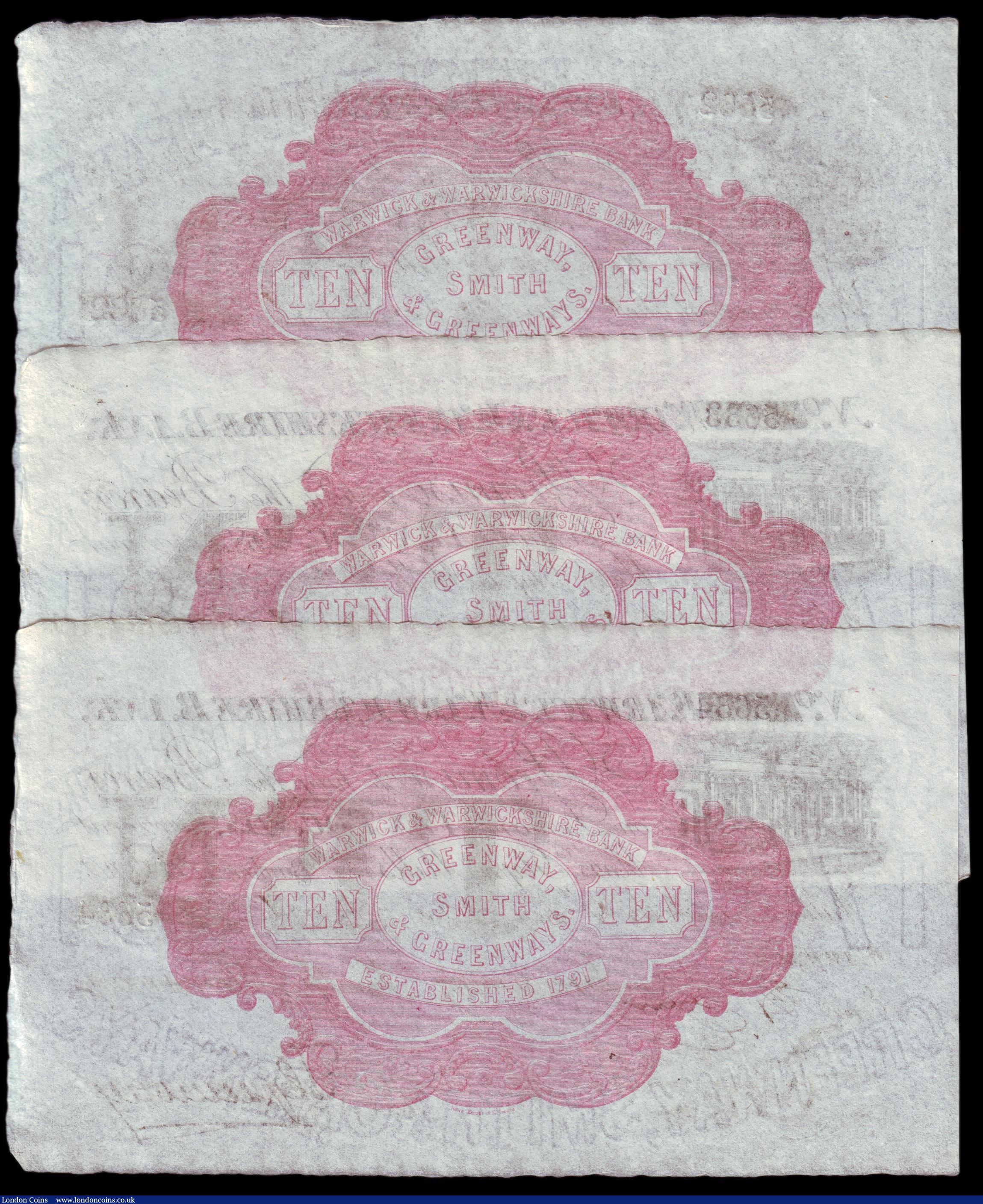 London Coins : A153 : Lot 274 : Warwick, Warwick & Warwickshire Bank &pound;10 (3) dated 1886 series No.W5632, W5633 & W5634...