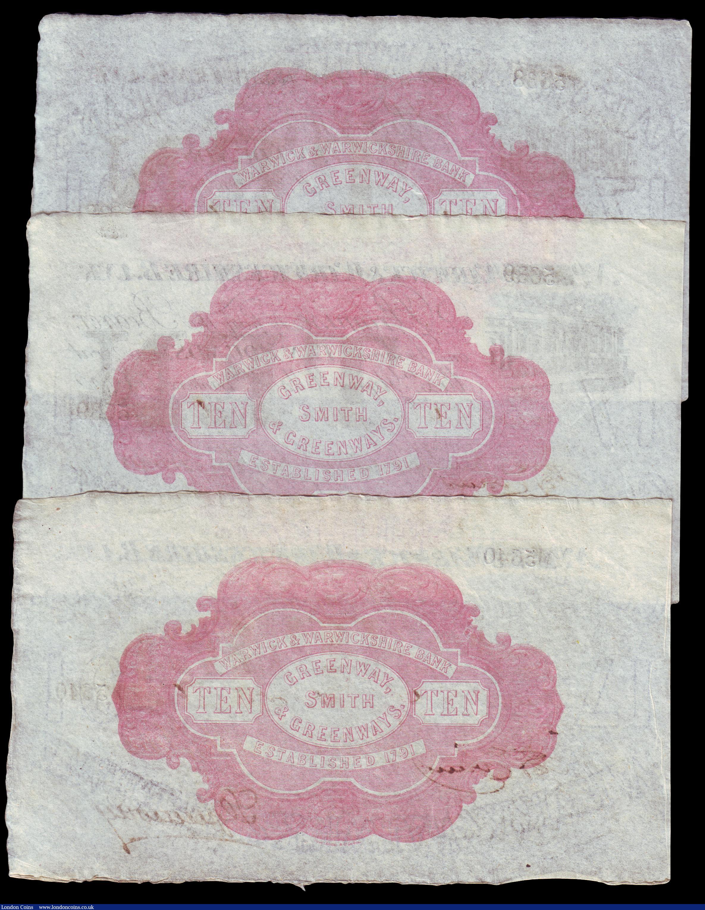 London Coins : A153 : Lot 275 : Warwick, Warwick & Warwickshire Bank &pound;10 (3) dated 1886 series No.W5638, W5639 & W5640...