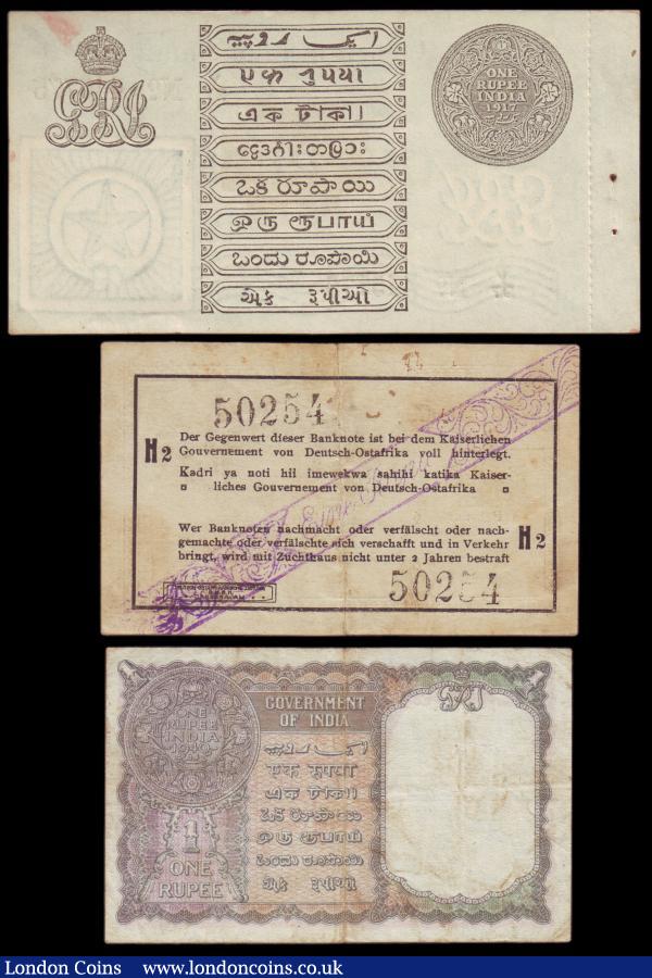 India 1 rupee dated 1917 series Y/97 445775 with McWatters signature, Pick1e, this series commonly issued for East Africa usage, KGV portrait, retains a perforated counterfoil at left with 2 staple holes, light print stain reverse, about UNC to UNC plus East Africa 1 rupee 1916 EF & Burma 1 rupee 1940 Fine : World Banknotes : Auction 153 : Lot 330