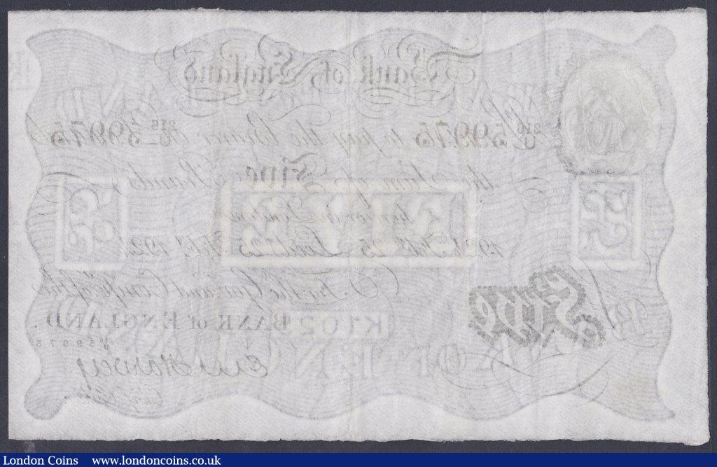 London Coins : A153 : Lot 34 : Five pounds Harvey white B209a(d) dated 25th February 1924 series 216/U 59975, LEEDS branch issue, a...