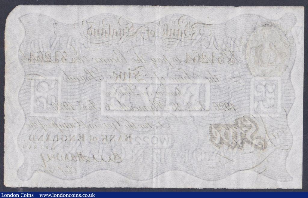 London Coins : A153 : Lot 36 : Five pounds Harvey white B209a(h) dated 26th January 1920 series U/53 51264, a scarce PLYMOUTH branc...