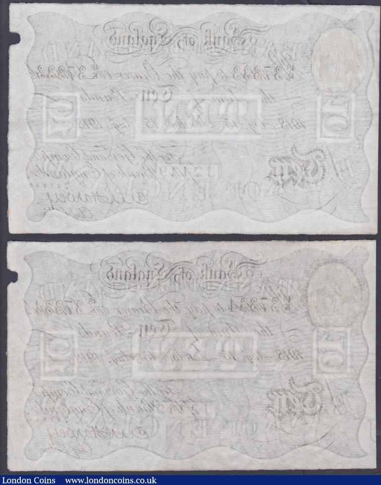 London Coins : A153 : Lot 37 : Ten pounds Harvey white B209b (2 )both dated 15th August 1918, a consecutively numbered pair series ...