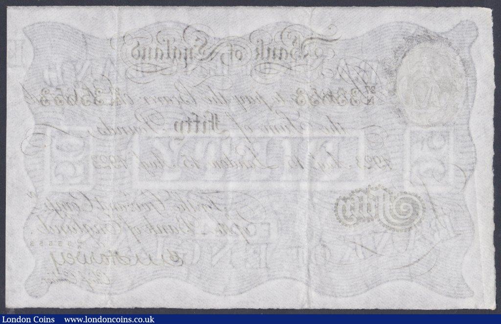 London Coins : A153 : Lot 40 : Fifty pounds Harvey white B209d dated 15th August 1923 series 27/N 35653, about EF and a very scarce...