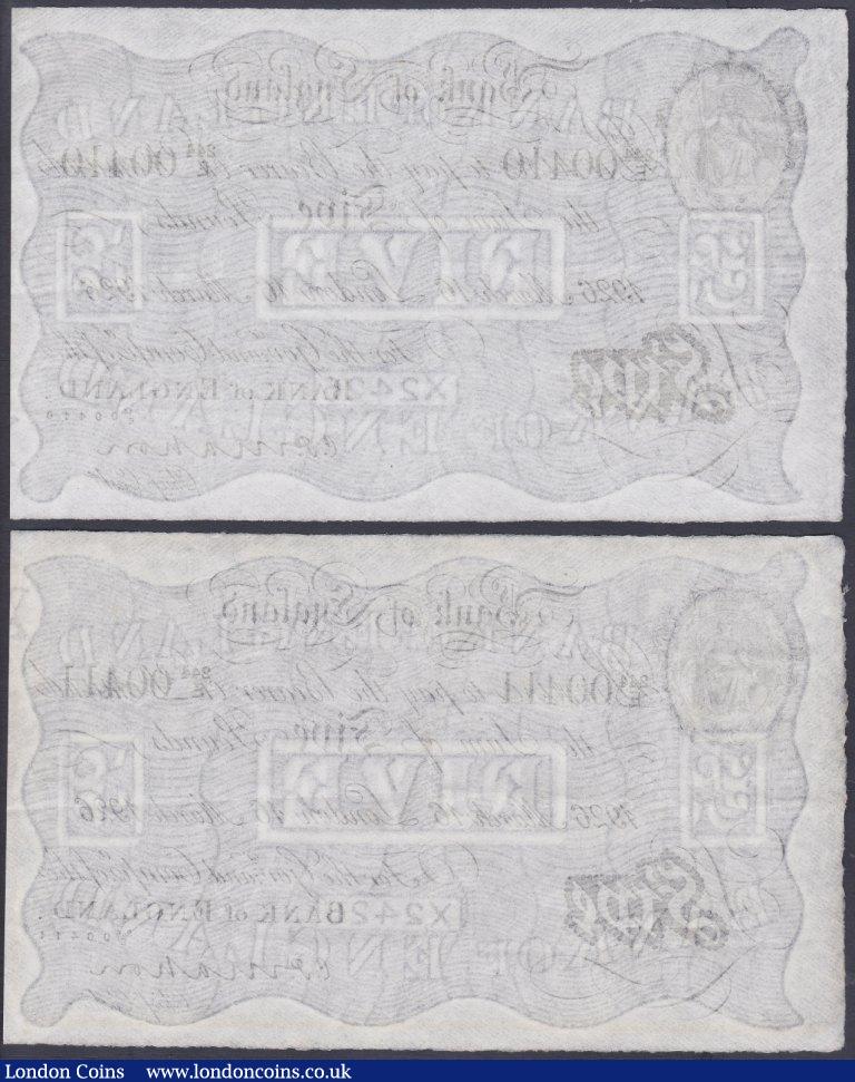 London Coins : A153 : Lot 42 : Five pounds Mahon white B215 (2) both dated 16th March 1926, a consecutively numbered pair series 24...