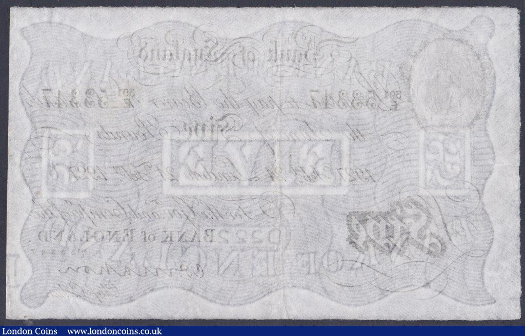 London Coins : A153 : Lot 44 : Five pounds Mahon white B215 dated 21st February 1927 series 391/E 53347, GVF