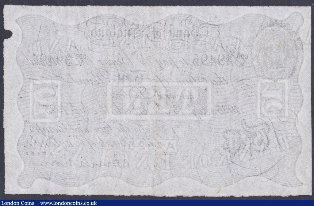 London Coins : A153 : Lot 46 : Ten pounds Mahon white B216e dated 13th August 1925 series 096/V 39495 a scarce LIVERPOOL branch, fa...