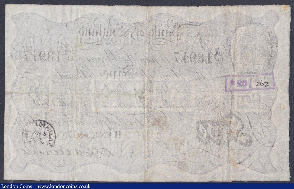 London Coins : A153 : Lot 59 : Five pounds Catterns white B228e dated 1st April 1929 series 384/U 18917, a scarce LIVERPOOL branch,...
