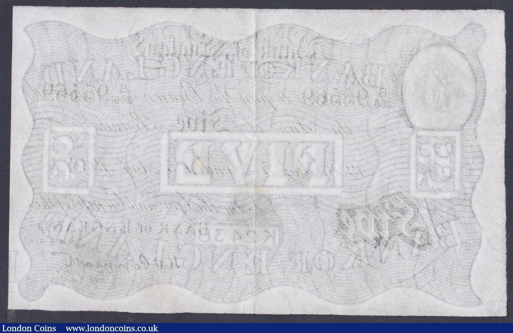 London Coins : A153 : Lot 81 : Five pounds Peppiatt white B241 dated 5th August 1938, series B/256 95569, GVF to EF