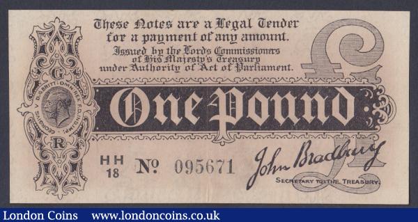 One pound Bradbury T6 issued 1914 series HH/18 095671, some toning, GVF to EF, a scarcer variety : English Banknotes : Auction 154 : Lot 18