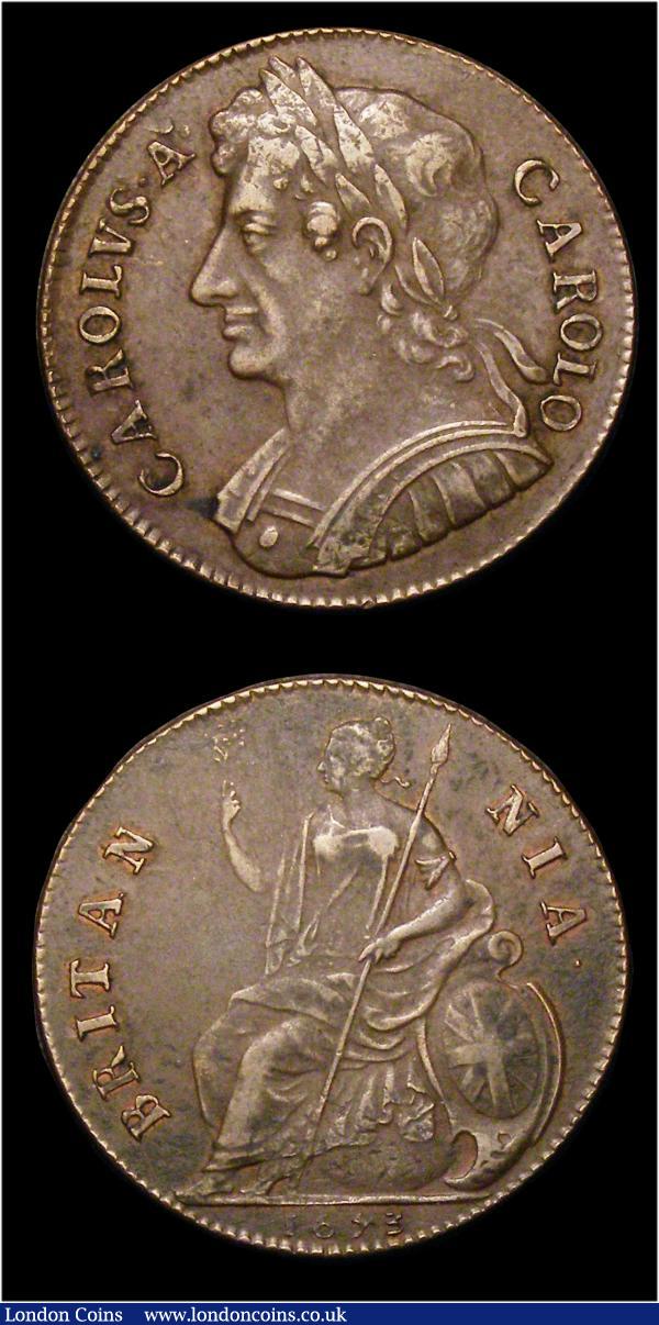 Halfpenny 1673 Peck 510 practically EF and sharp with a small spot by the truncation, a superb example of this notoriously weak issue, Farthing 1675 Peck 528 VG or better, bold for the grade : English Coins : Auction 154 : Lot 2272