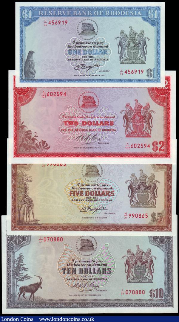 Rhodesia, Salisbury set 1975-1979 (4) 1 Dollar, 2 Dollars, 5 Dollars and 10 Dollars Pick 30B, 31B, 32C and 33B first 3 UNC, last EF pressed    : World Banknotes : Auction 154 : Lot 301