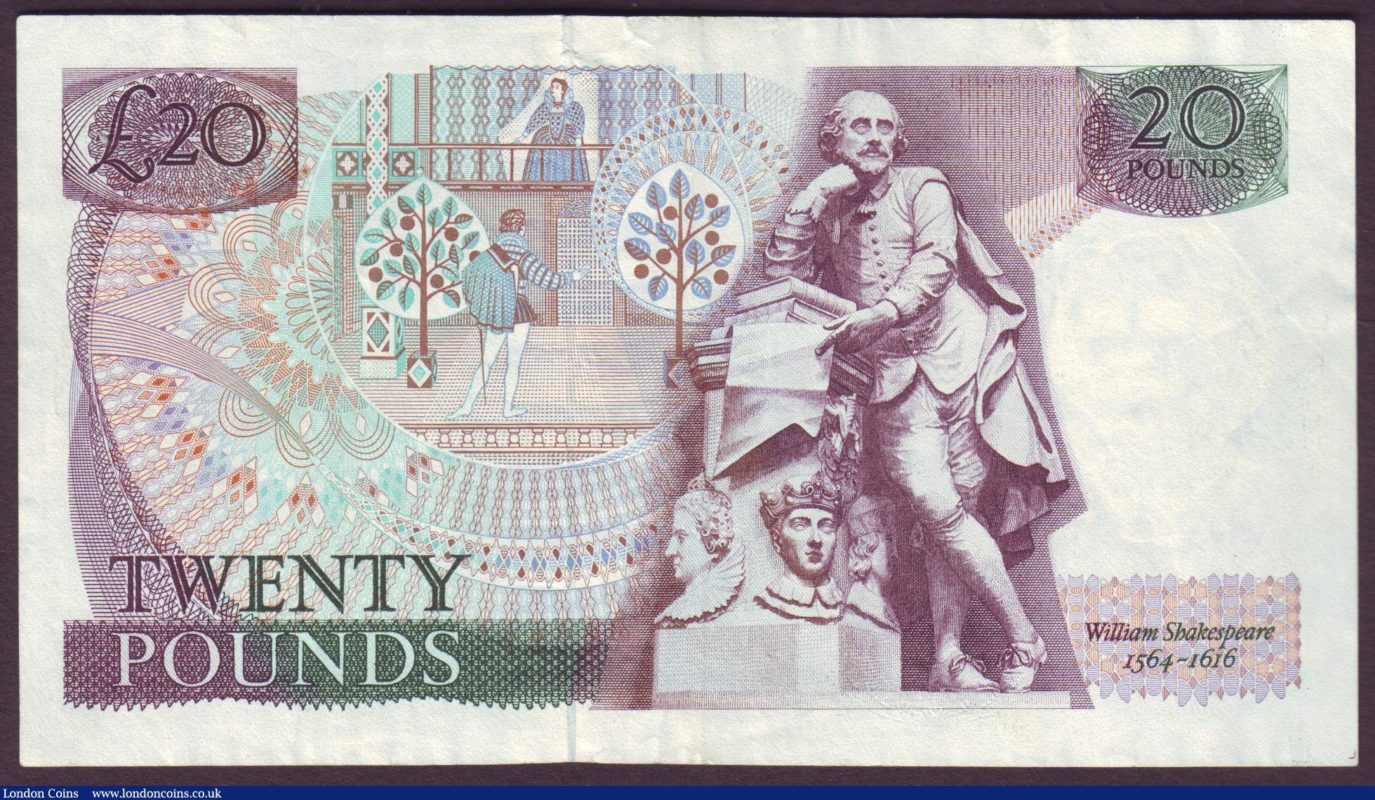 London Coins : A154 : Lot 103 : ERROR £20 Gill B355 issued 1988 series 05L 230835, offset print on face showing the complete r...