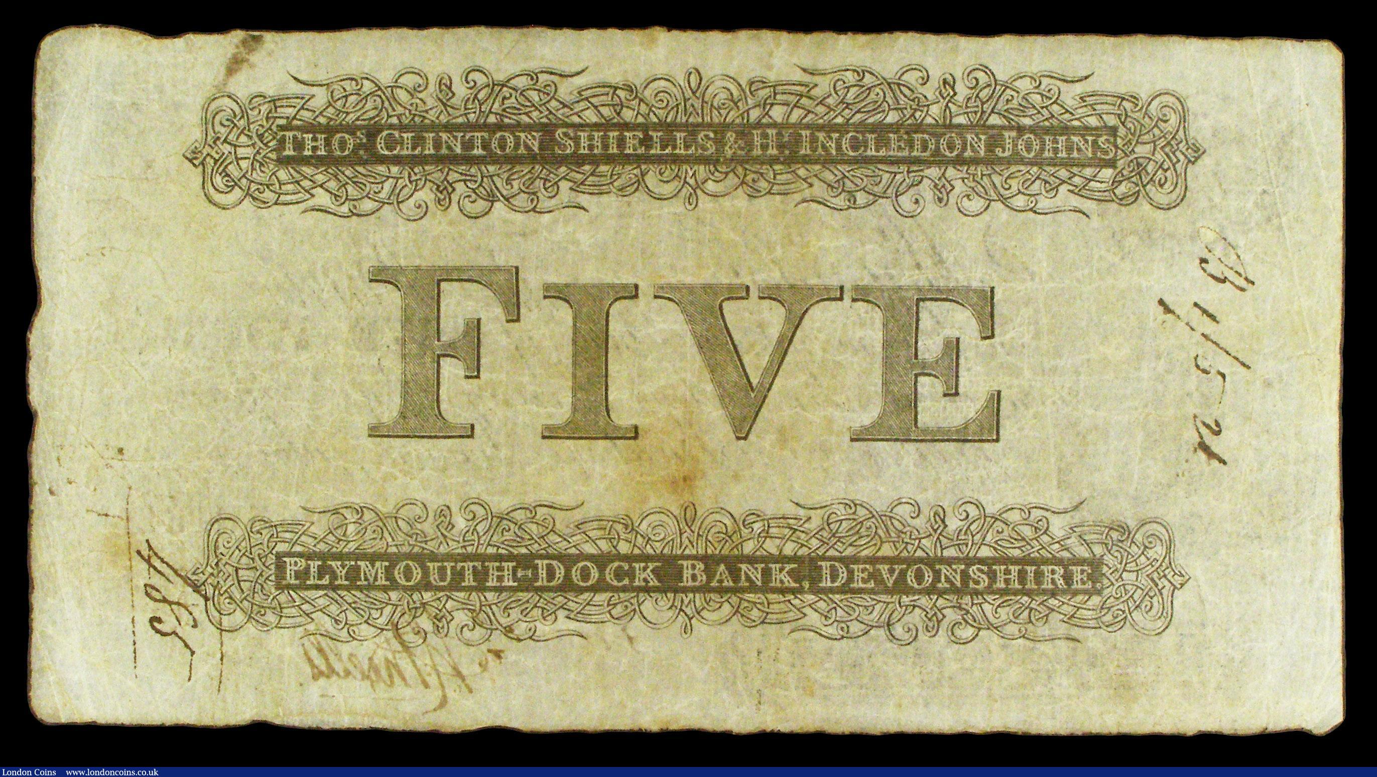 London Coins : A154 : Lot 115 : Plymouth-Dock Bank, Devonshire £5 first date of issue 1819 series No.1716 for Thomas Clinton S...