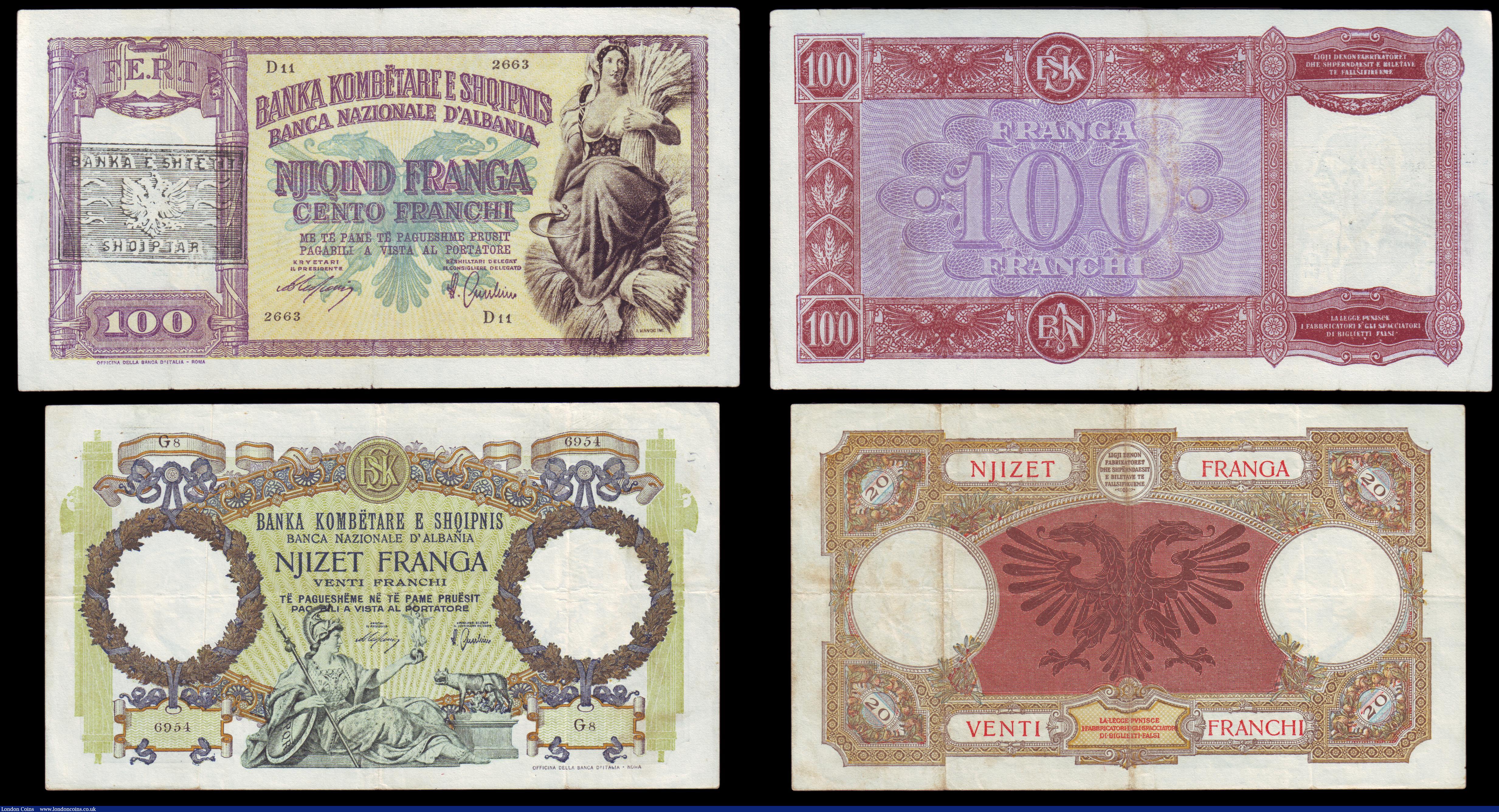 London Coins : A154 : Lot 118 : Albania (6) 5 Franka Ari 1926 Pick2b, 20 Franka Ari 1926 Pick3a, 5 Franga 1939 Pick6a, 20 Franga 193...