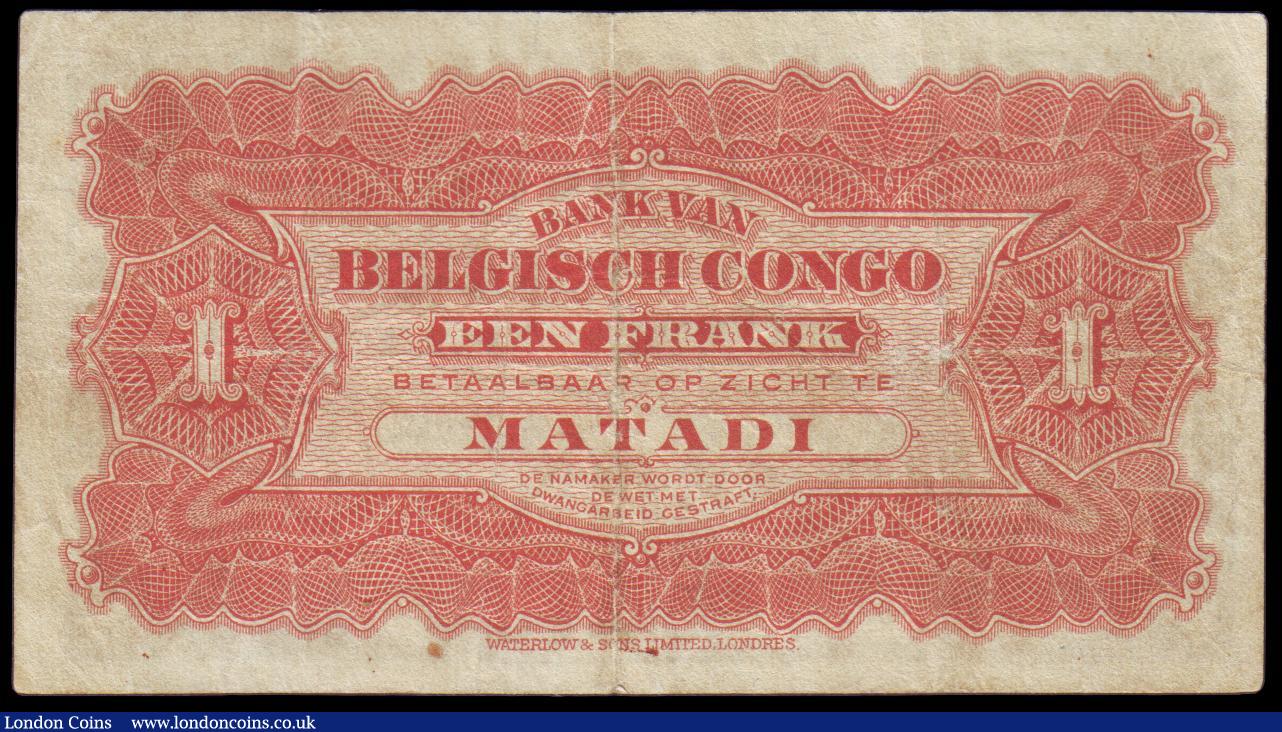 London Coins : A154 : Lot 125 : Belgian Congo 1 Franc 1914 Matadi issue Pick 3 VF