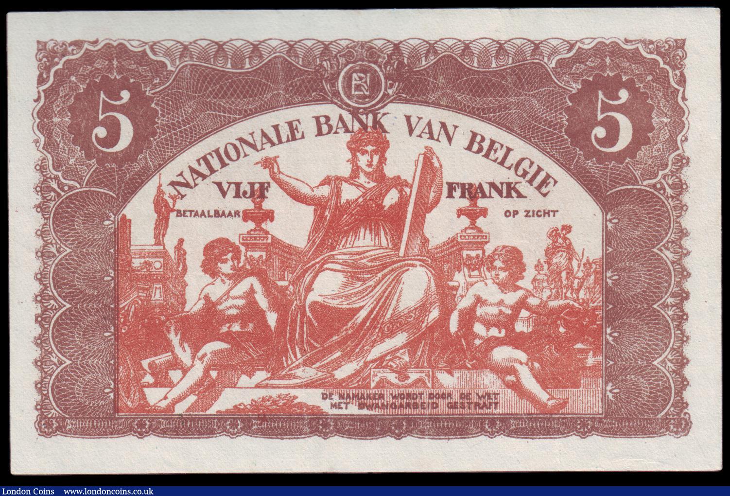 London Coins : A154 : Lot 126 : Belgium 5 Francs 25/1/1919 issue Pick 74 EF