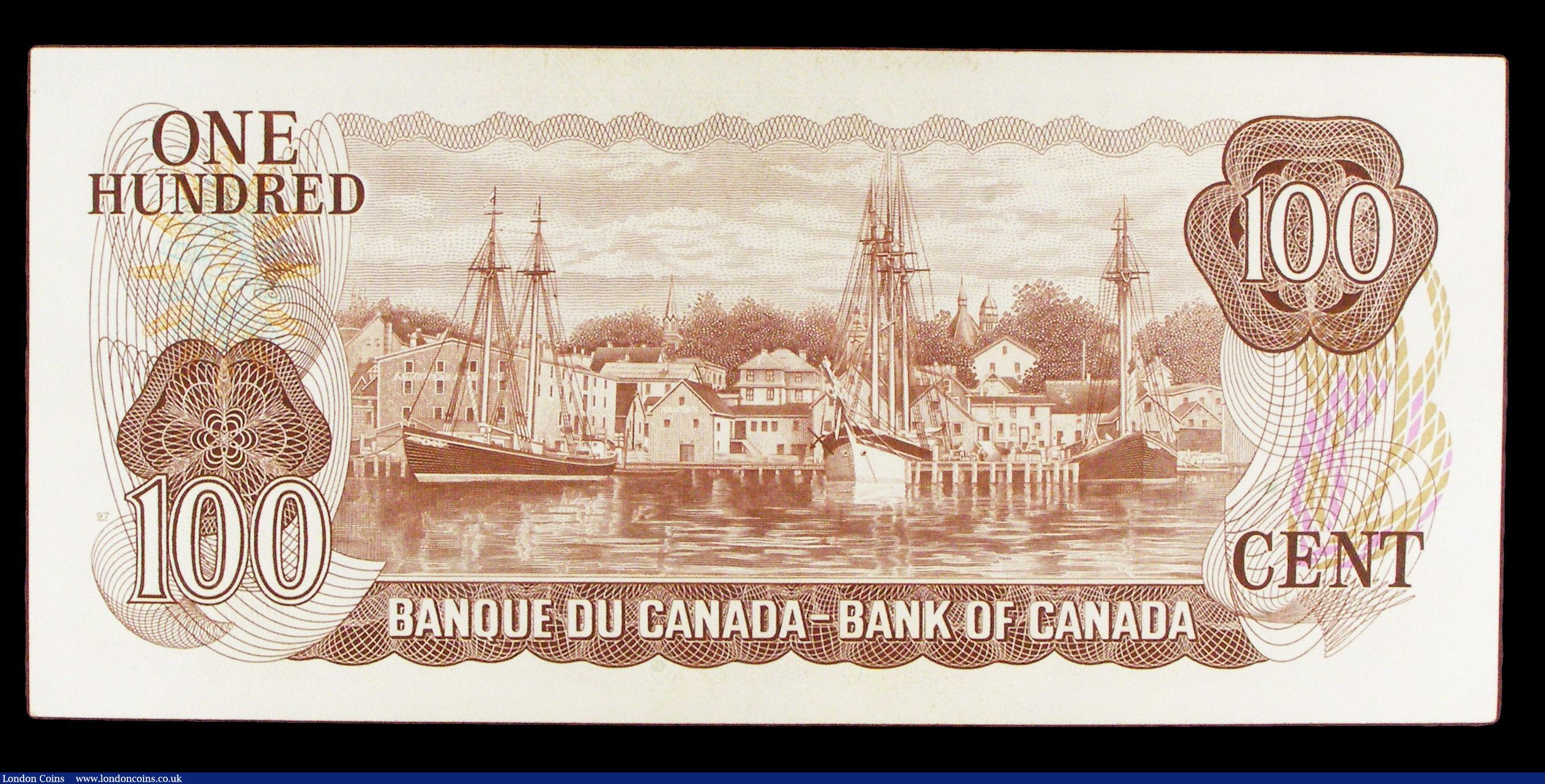 London Coins : A154 : Lot 135 : Canada $100 dated in Ottawa 1975 series AJM0093789 signed Crow & Bouey, Pick91b, light horizonta...