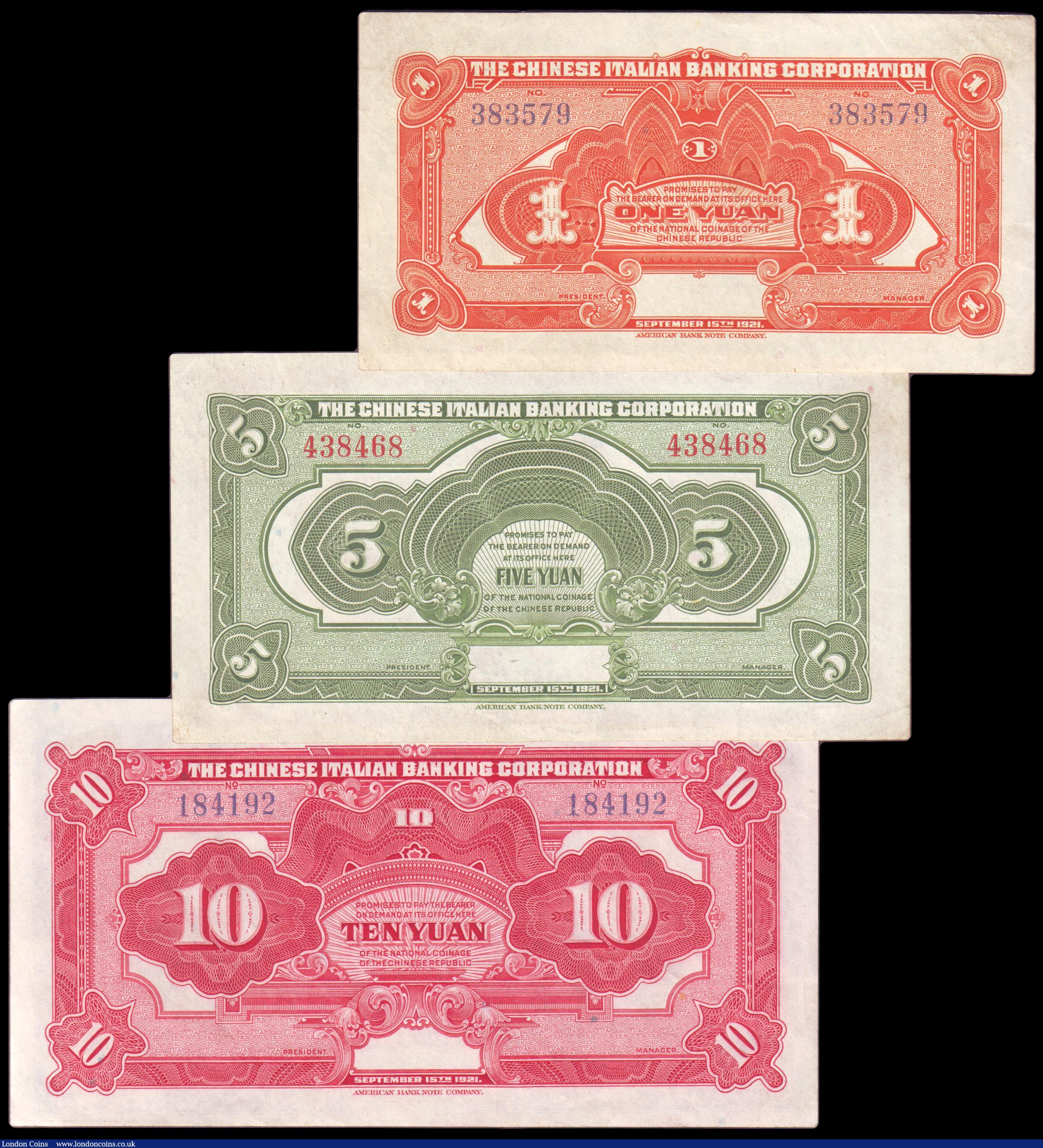 London Coins : A154 : Lot 149 : China, The Chinese Italian Banking Corporation (3) unissued remainders dated 1921, 1 yuan Picks253, ...