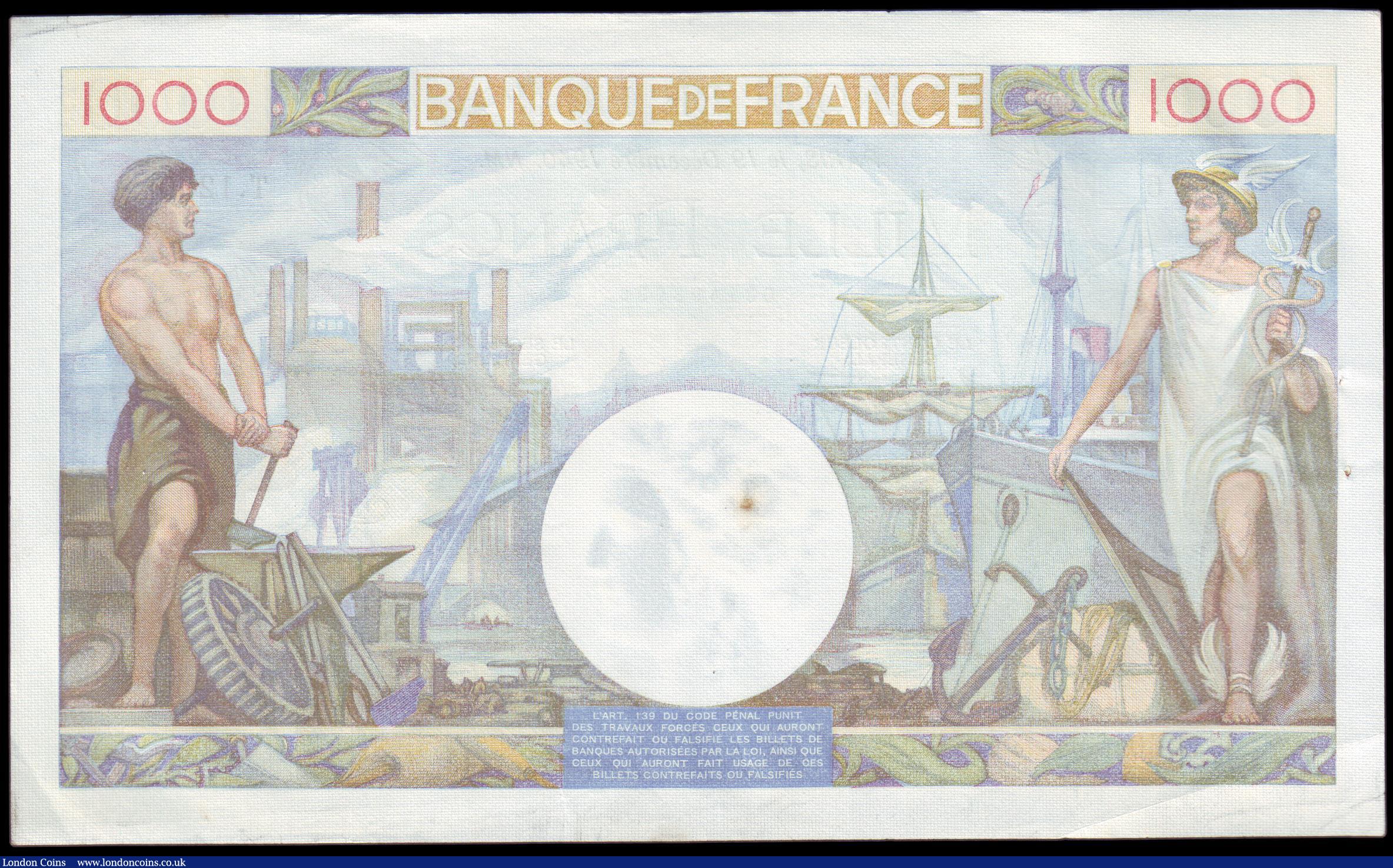 London Coins : A154 : Lot 161 : France 1000 francs dated 19 December 1940 series T.1260, Pick96a, GEF with a couple of small spots