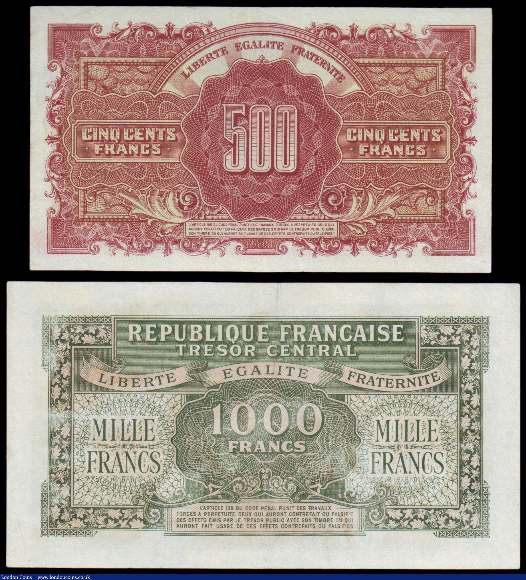London Coins : A154 : Lot 165 : France Tresor Central (2) 500 francs 1943 Pick106 pressed VF and 1000 francs 1943 Pick107 pressed EF