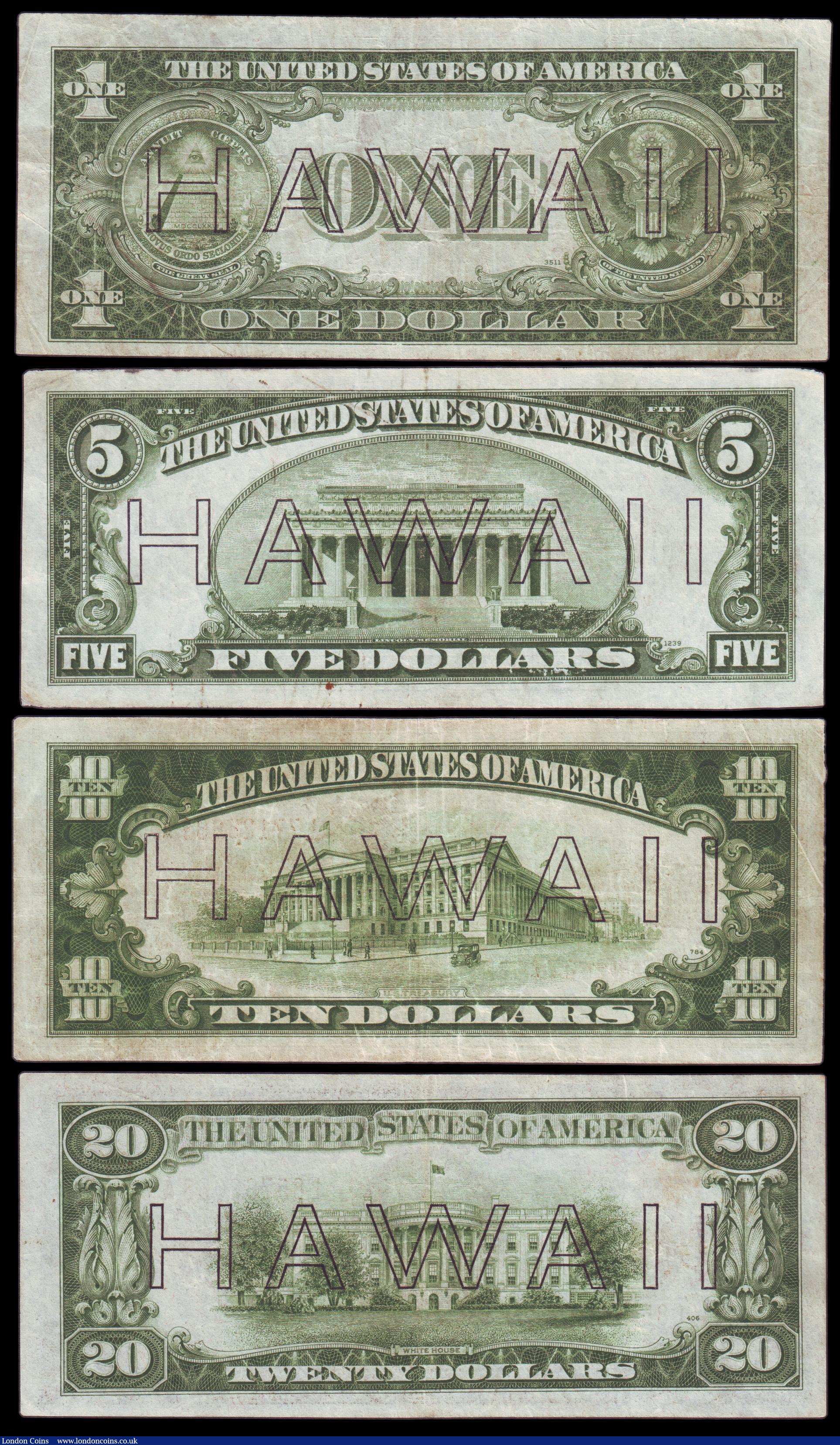 London Coins : A154 : Lot 179 : Hawaii overprint series 1942 (4) $20 series 1934A brown seal, $10  1934 series, $5 1934 series, and ...