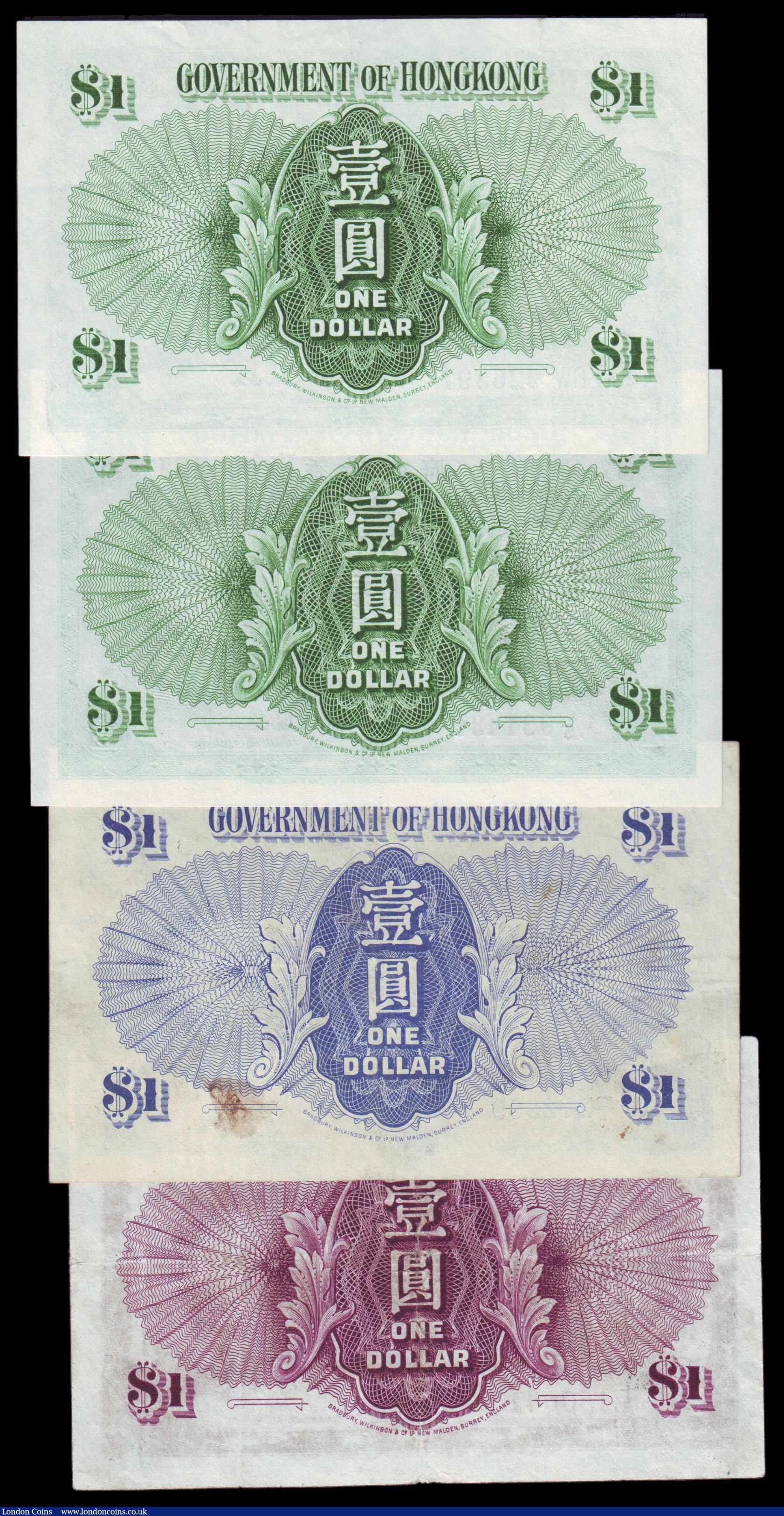 London Coins : A154 : Lot 180 : Hong Kong One Dollar (4) 1936 Purple, Pick312, VF pressed, 1940-1941 issue Pick 316 EF with a stain ...