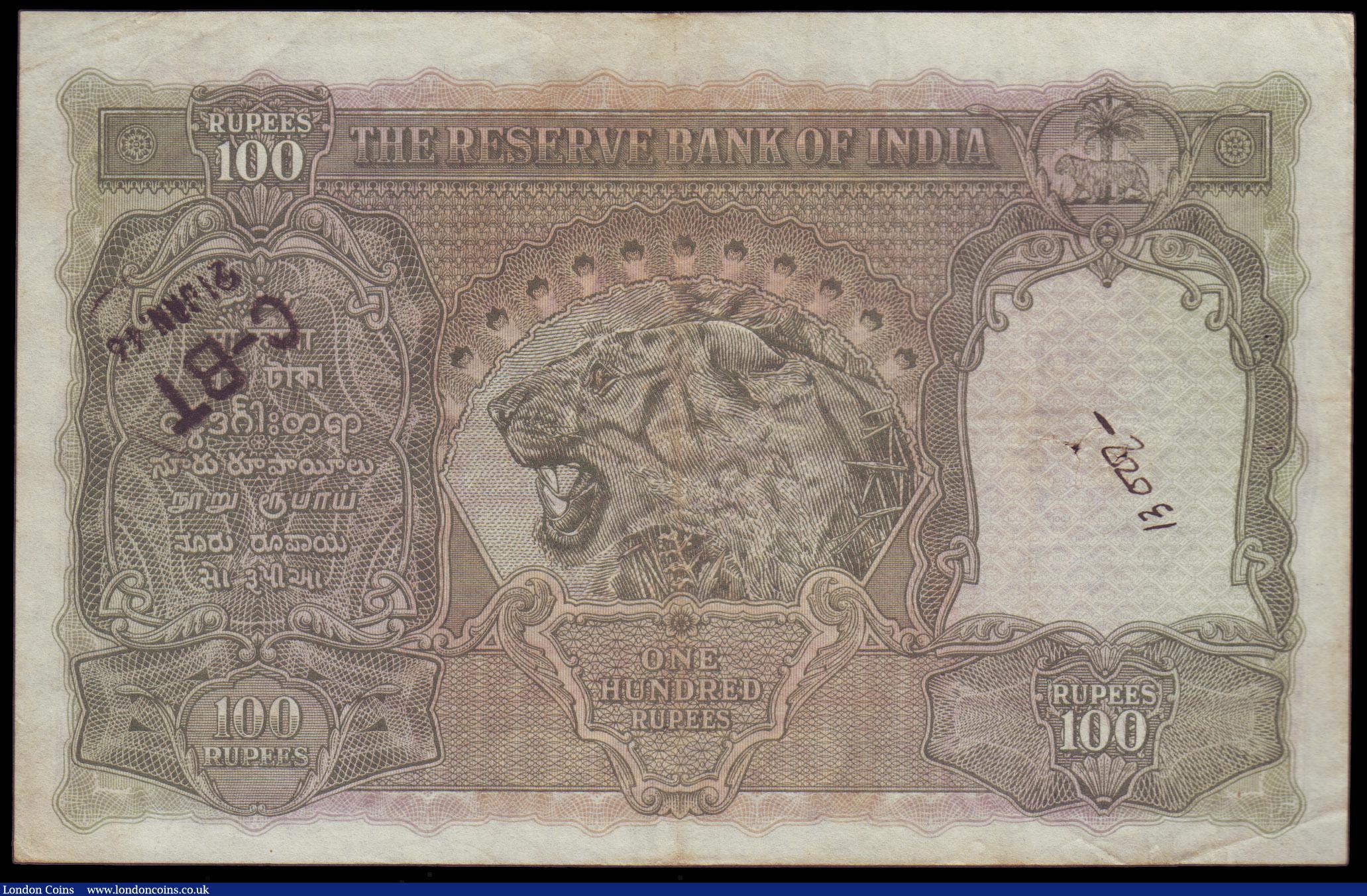 London Coins : A154 : Lot 183 : India 100 rupees KGVI issued 1943 series A/77 652288 Calcutta branch, signed Deshmukh, Pick20e, pinh...
