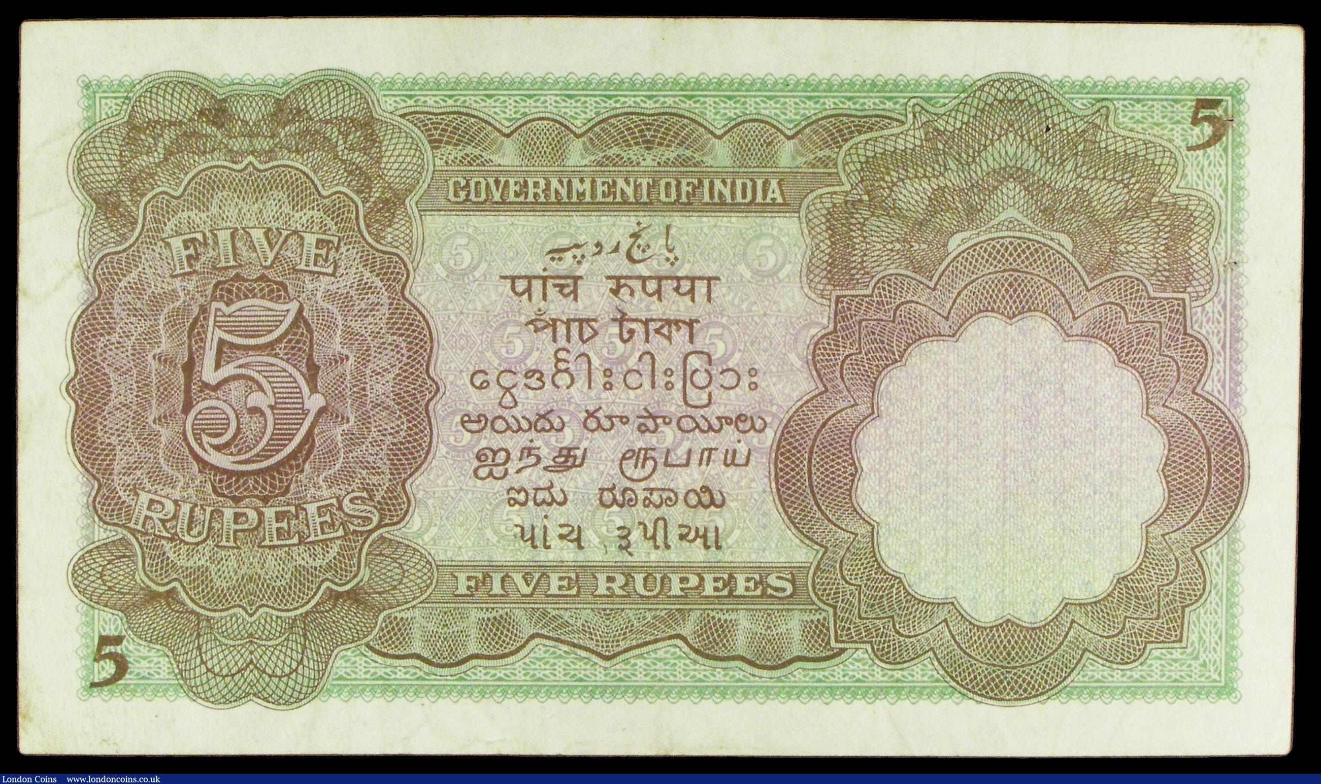 London Coins : A154 : Lot 187 : India 5 rupees KGV issued 1935 series T/30 696438, signed Kelly, Pick15b, 4 pinholes top left, press...