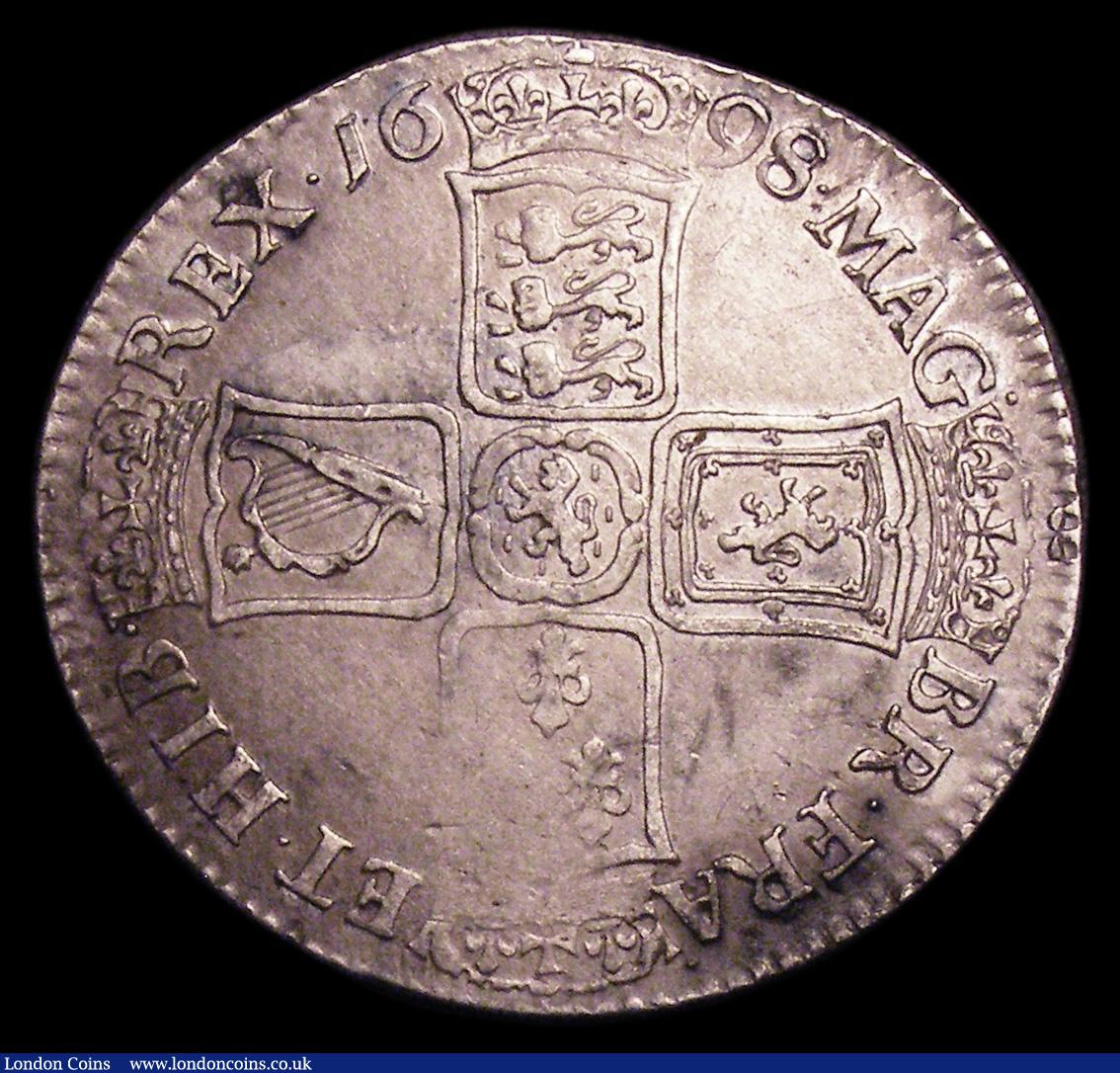 London Coins : A154 : Lot 2130 : Halfcrown 1698 UNDECIMO edge ESC 555 Near Fine/Fine, weak on the French shield, Excessively Rare, ra...