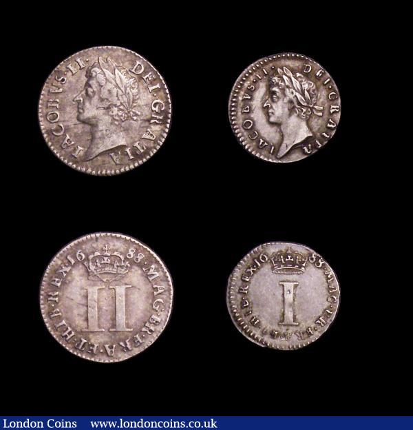 Maundy set 1688 ESC 2383 comprising Fourpence 1688 8 over 7 (ESC 1864) VF toned, Threepence (ESC 1984) About Fine/Fine, Twopence 1688 8 over 7 (ESC 2195) VF with some haymarks, Penny 1688 8 over 7 (ESC 2297) GVF : English Coins : Auction 154 : Lot 2323